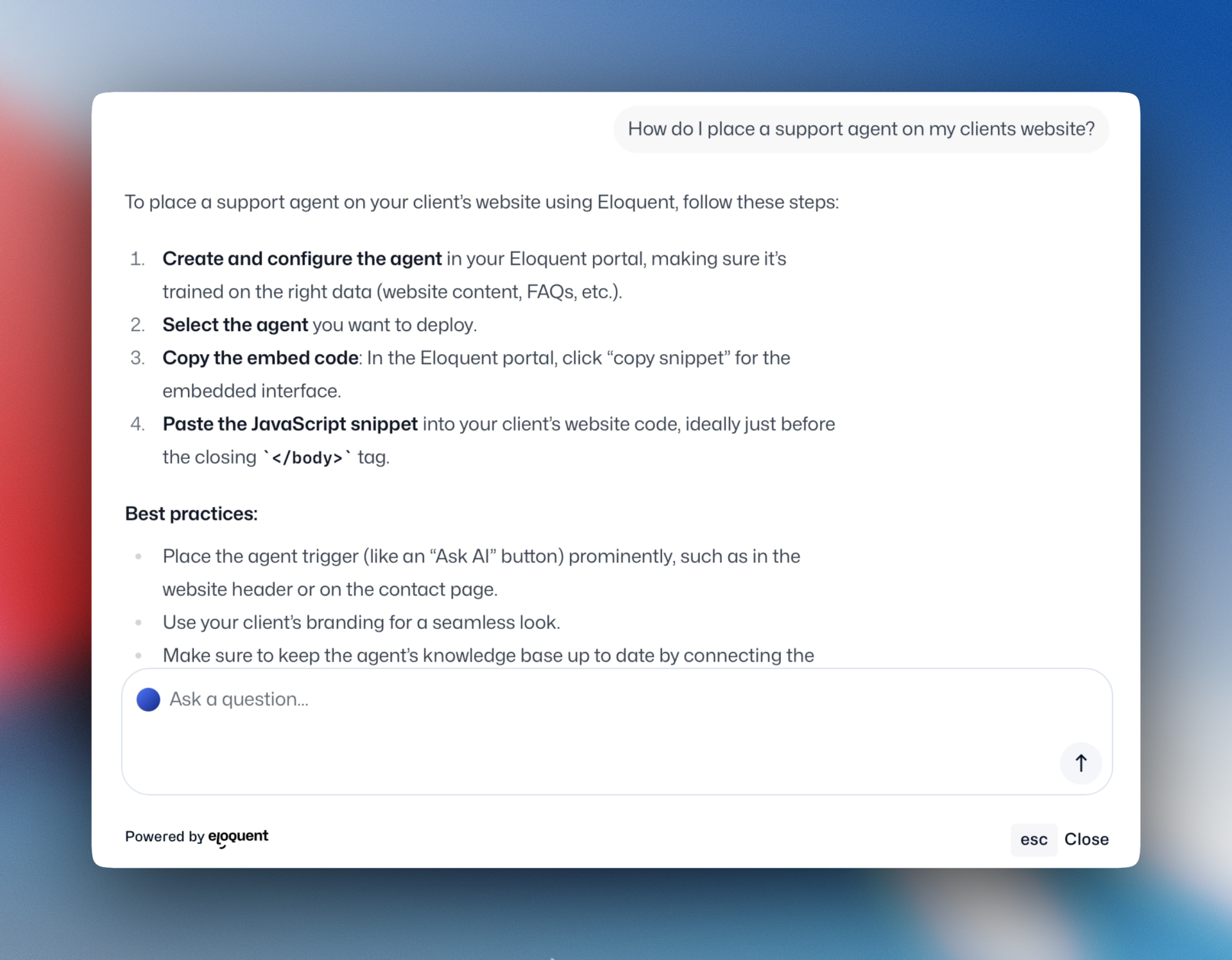 An AI support agent answering a query on the Eloquent website.